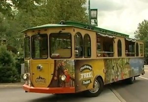 The free trolley in downtown Gatlinburg, TN, running up and down Parkway
