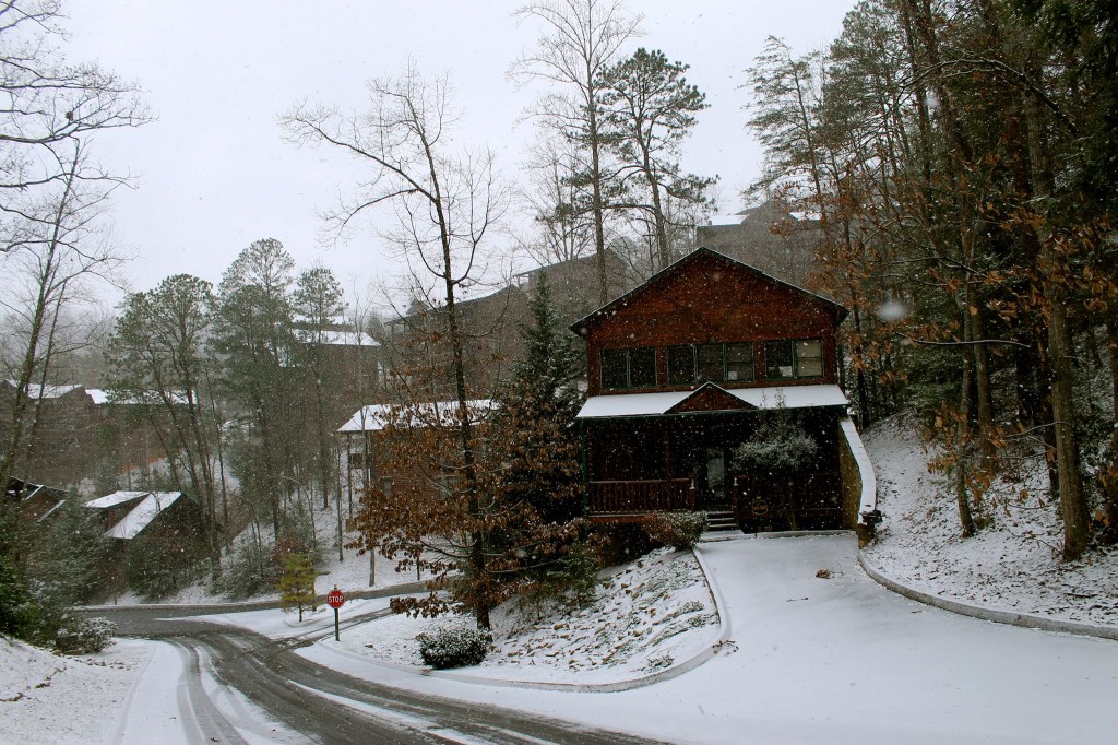 Falling snow, snug in the cabin